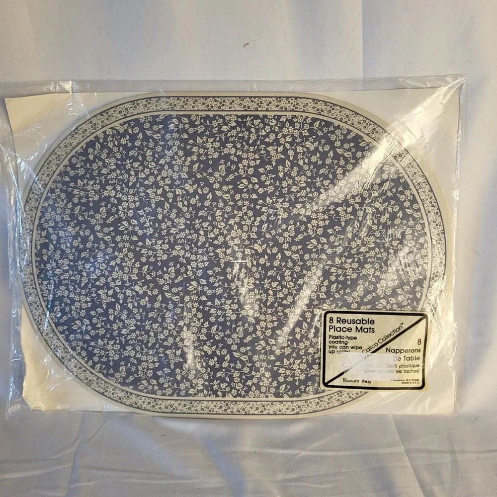 Vtg New Potpourri Press Country Calico 8 Pack Placemats Blue White Grannycore